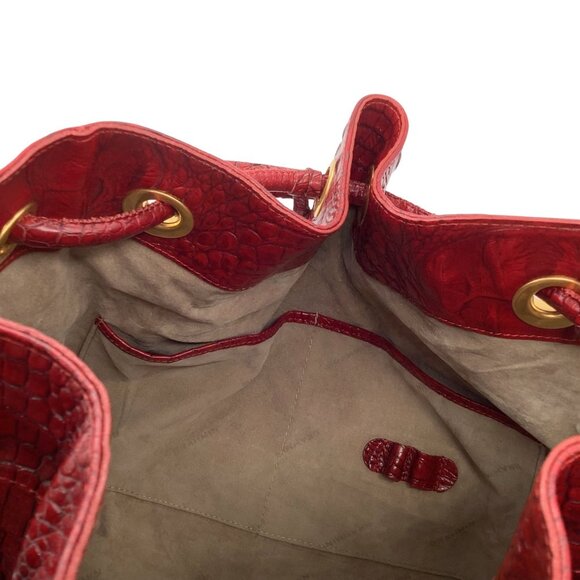 VTG BRAHMIN Dana Drawstring Shoulder Bag Melbourne Croc Embossed Red Leather Lrg - Picture 6 of 8